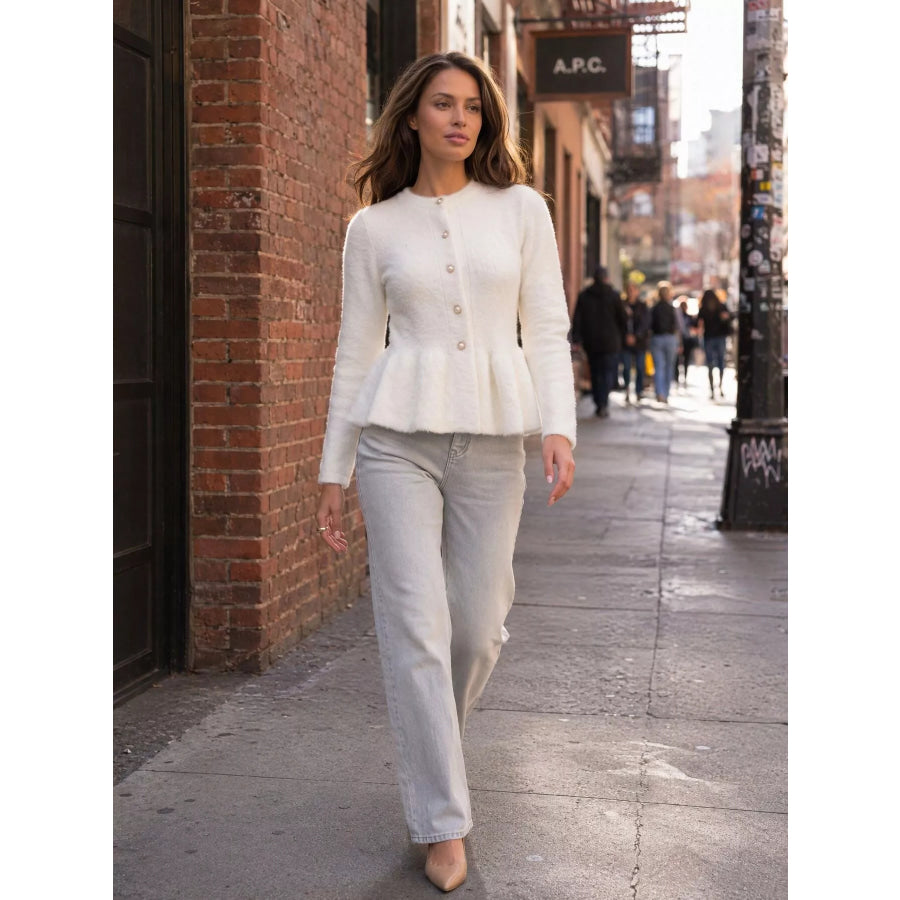 Fuzzy Peplum Cardigan with Pearl Buttons Apparel and Accessories