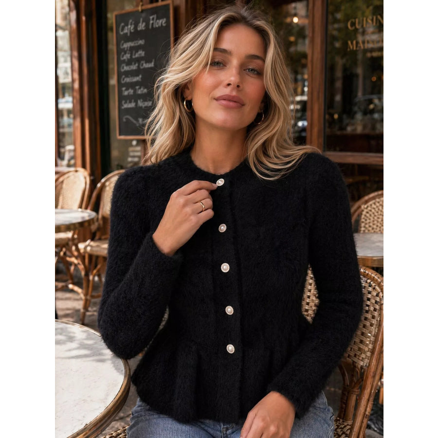 Fuzzy Peplum Cardigan with Pearl Buttons Apparel and Accessories