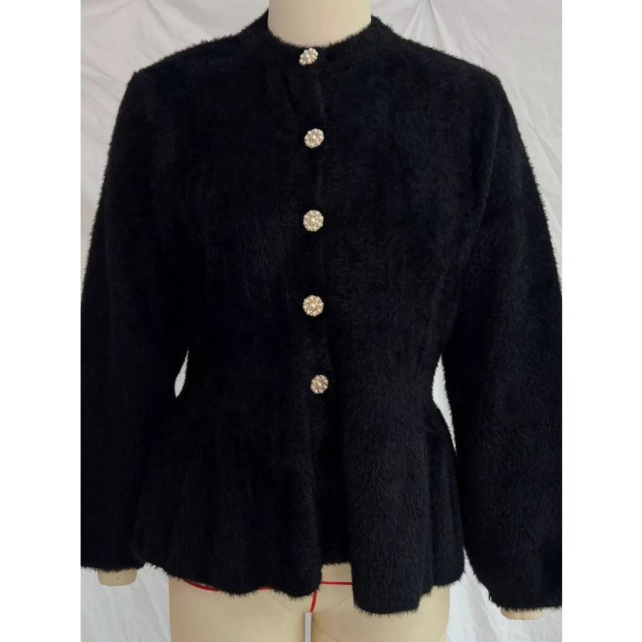 Fuzzy Peplum Cardigan with Pearl Buttons Apparel and Accessories