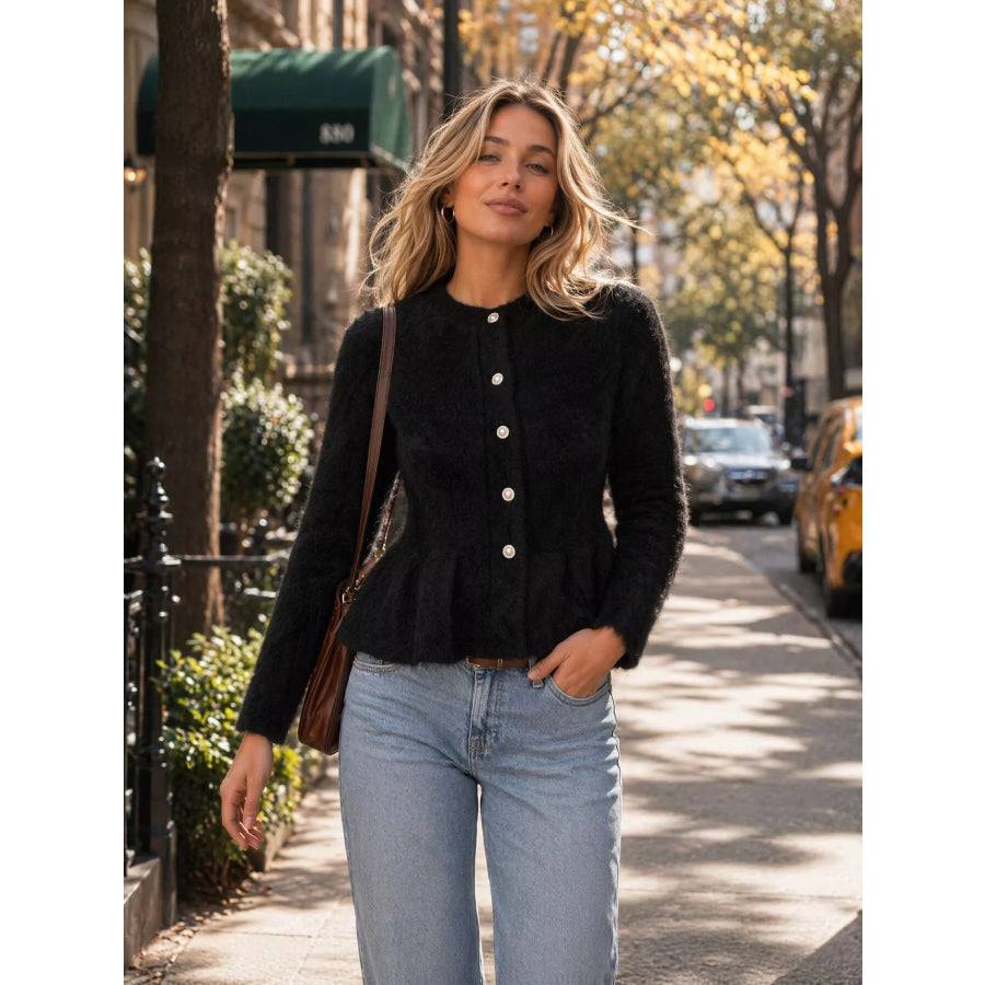 Fuzzy Peplum Cardigan with Pearl Buttons Apparel and Accessories