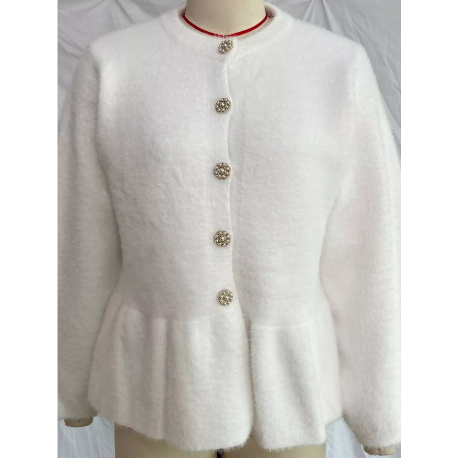 Fuzzy Peplum Cardigan with Pearl Buttons Apparel and Accessories