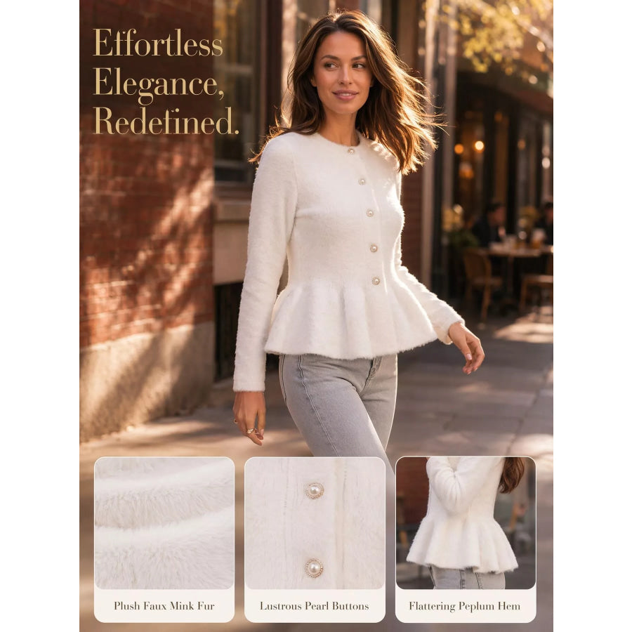 Fuzzy Peplum Cardigan with Pearl Buttons Apparel and Accessories