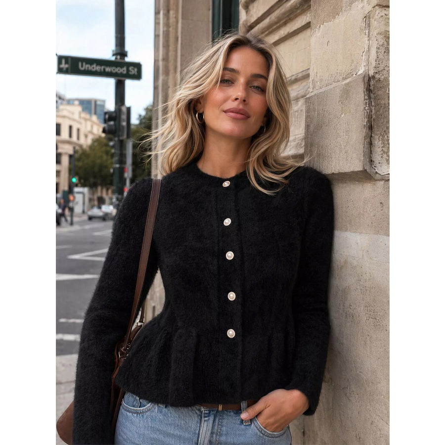 Fuzzy Peplum Cardigan with Pearl Buttons Apparel and Accessories