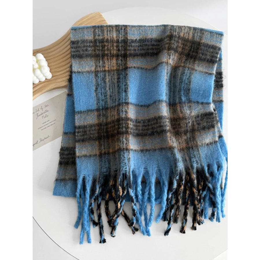 Fuzzy Plaid Fringe Scarf Apparel and Accessories