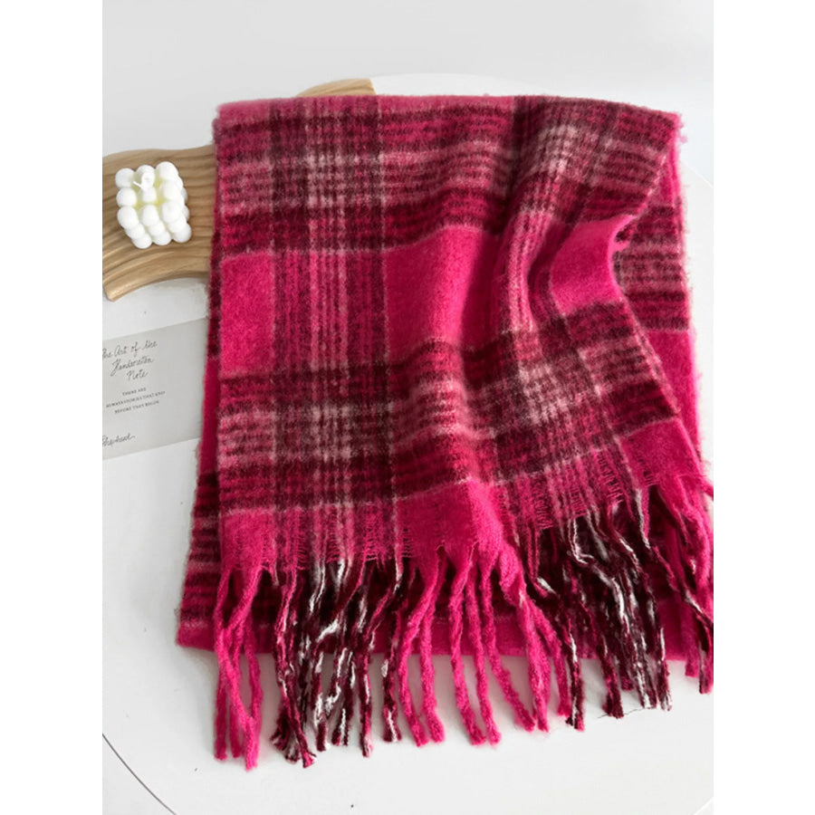 Fuzzy Plaid Fringe Scarf Apparel and Accessories