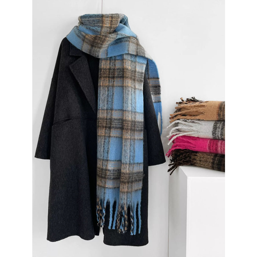 Fuzzy Plaid Fringe Scarf Dusty Blue / One Size Apparel and Accessories