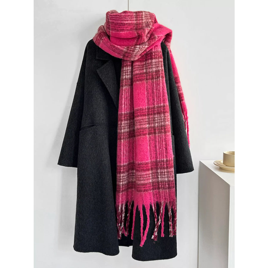 Fuzzy Plaid Fringe Scarf Orange-Red / One Size Apparel and Accessories