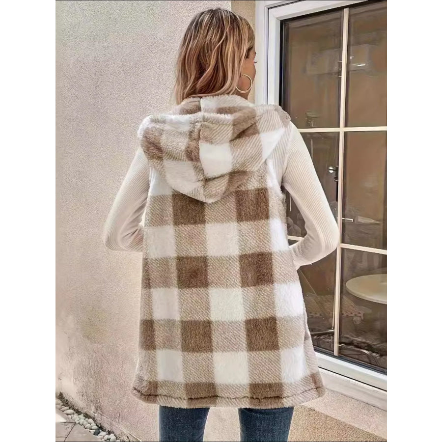 Fuzzy Plaid Hooded Vest Coat Apparel and Accessories