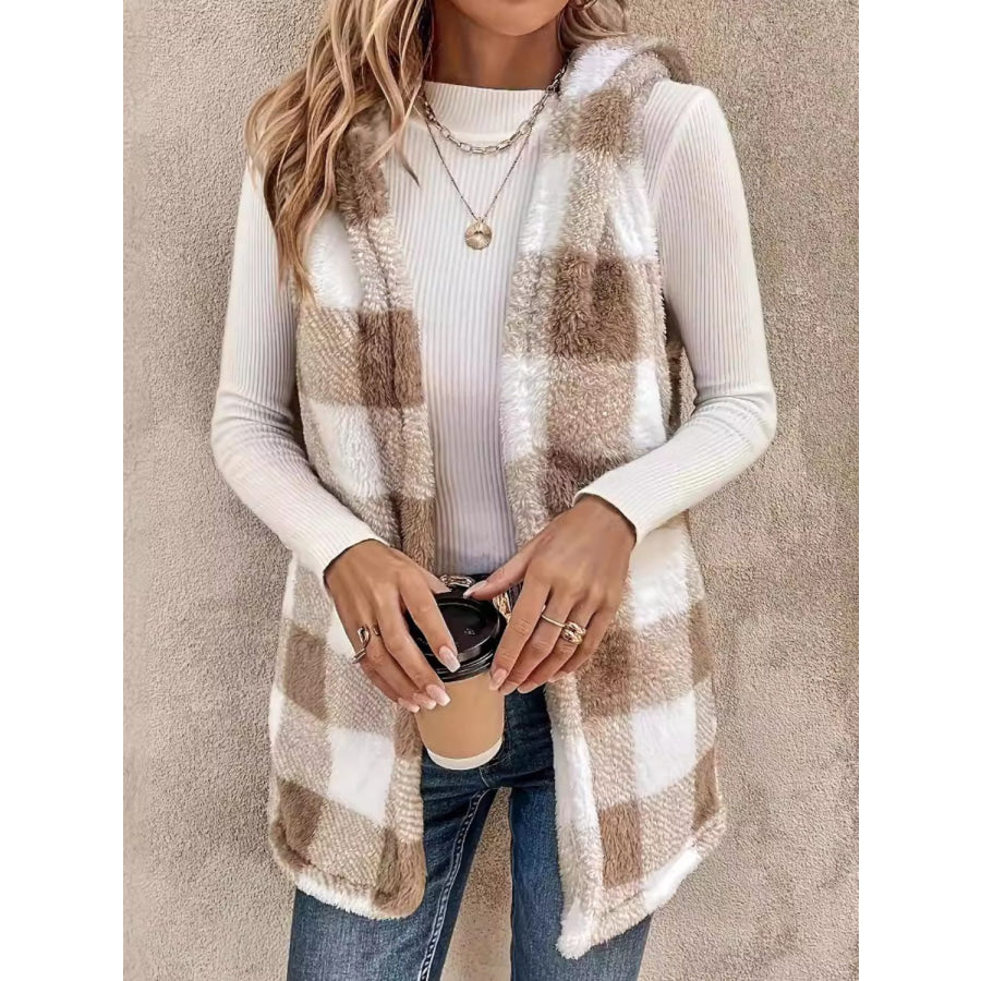 Fuzzy Plaid Hooded Vest Coat Camel / S Apparel and Accessories