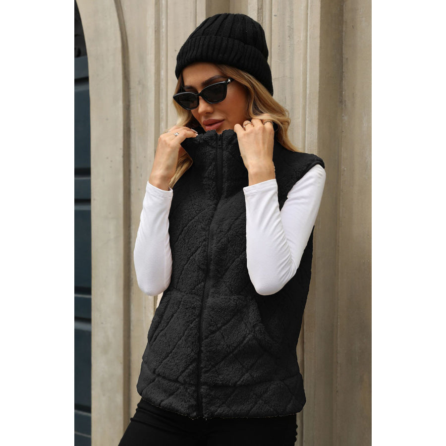 Fuzzy Plaid Texture Zip Up Vest Coat Black / S Apparel and Accessories