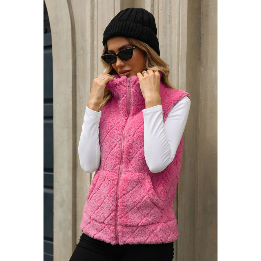 Fuzzy Plaid Texture Zip Up Vest Coat Hot Pink / S Apparel and Accessories