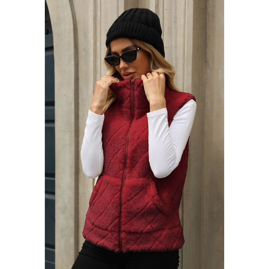 Fuzzy Plaid Texture Zip Up Vest Coat Rust / S Apparel and Accessories