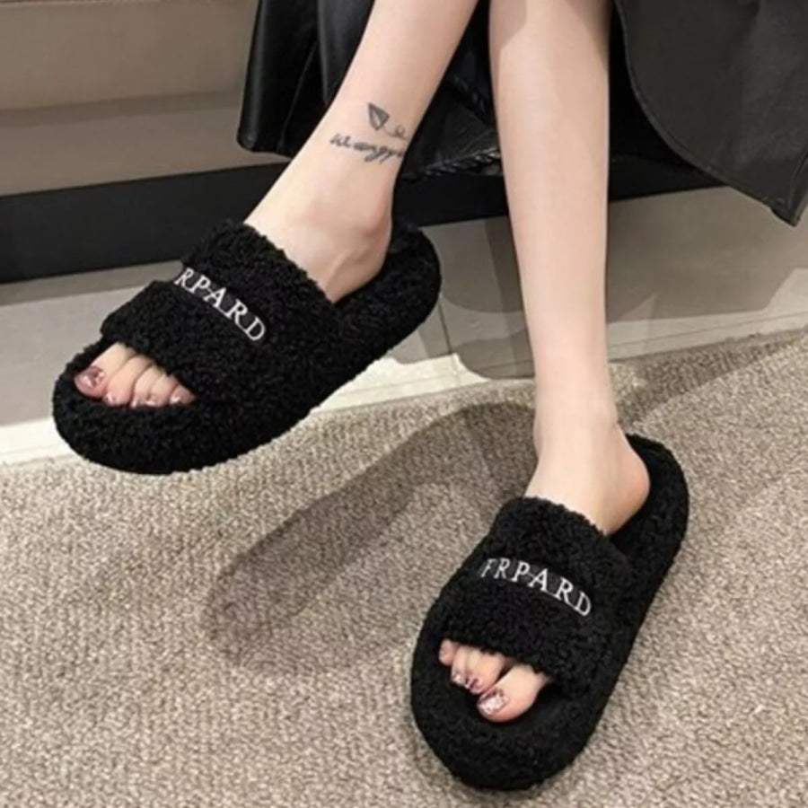 Fuzzy Plush Open Toe Slippers Black / 35 Apparel and Accessories
