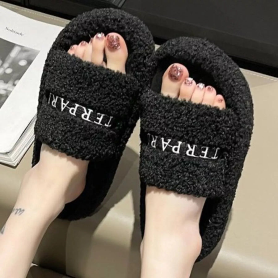 Fuzzy Plush Open Toe Slippers Black / 35 Apparel and Accessories