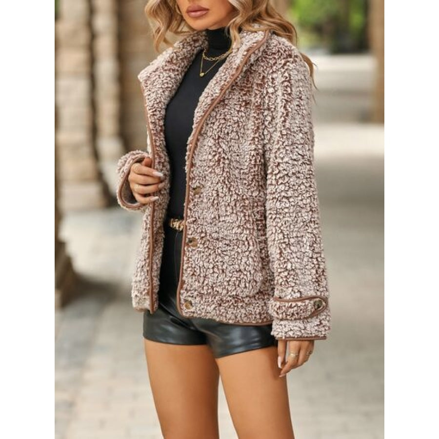 Fuzzy Pocketed Button Up Jacket Apparel and Accessories