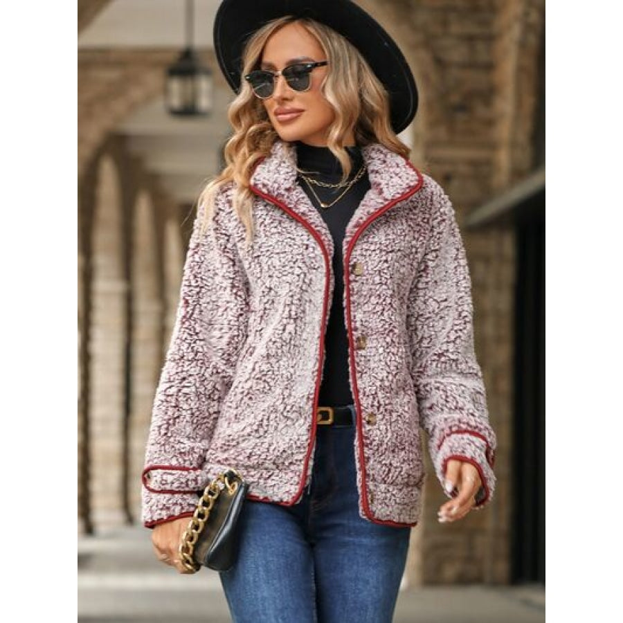 Fuzzy Pocketed Button Up Jacket Apparel and Accessories