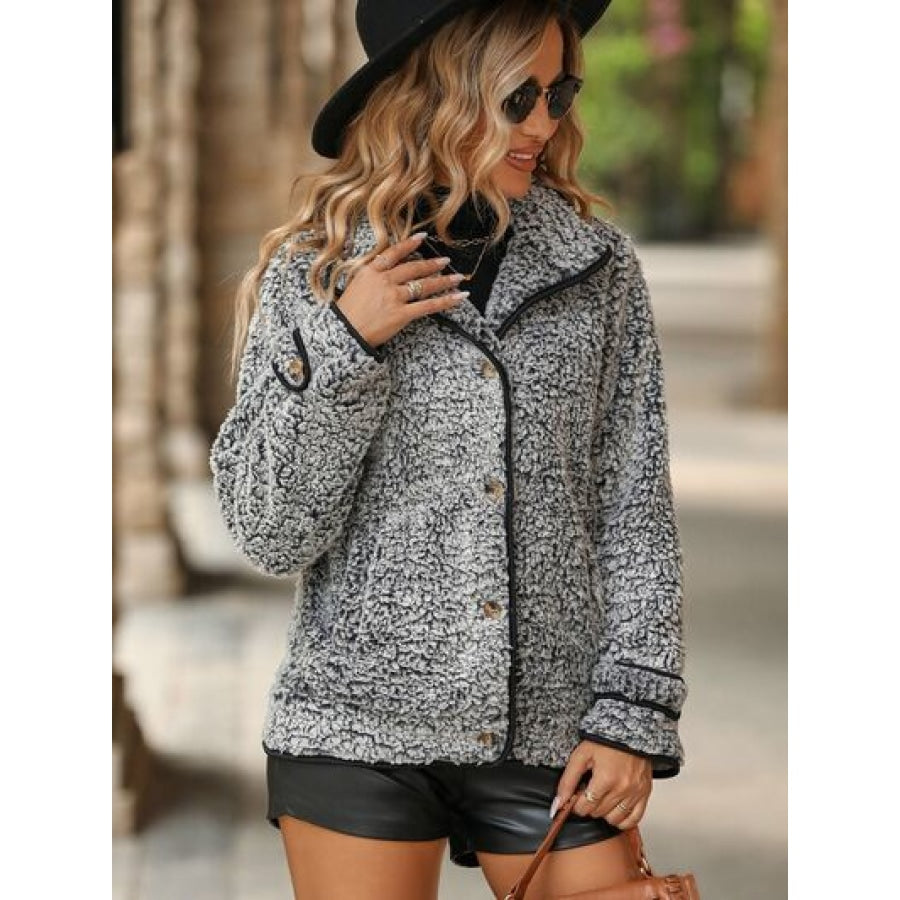 Fuzzy Pocketed Button Up Jacket Apparel and Accessories