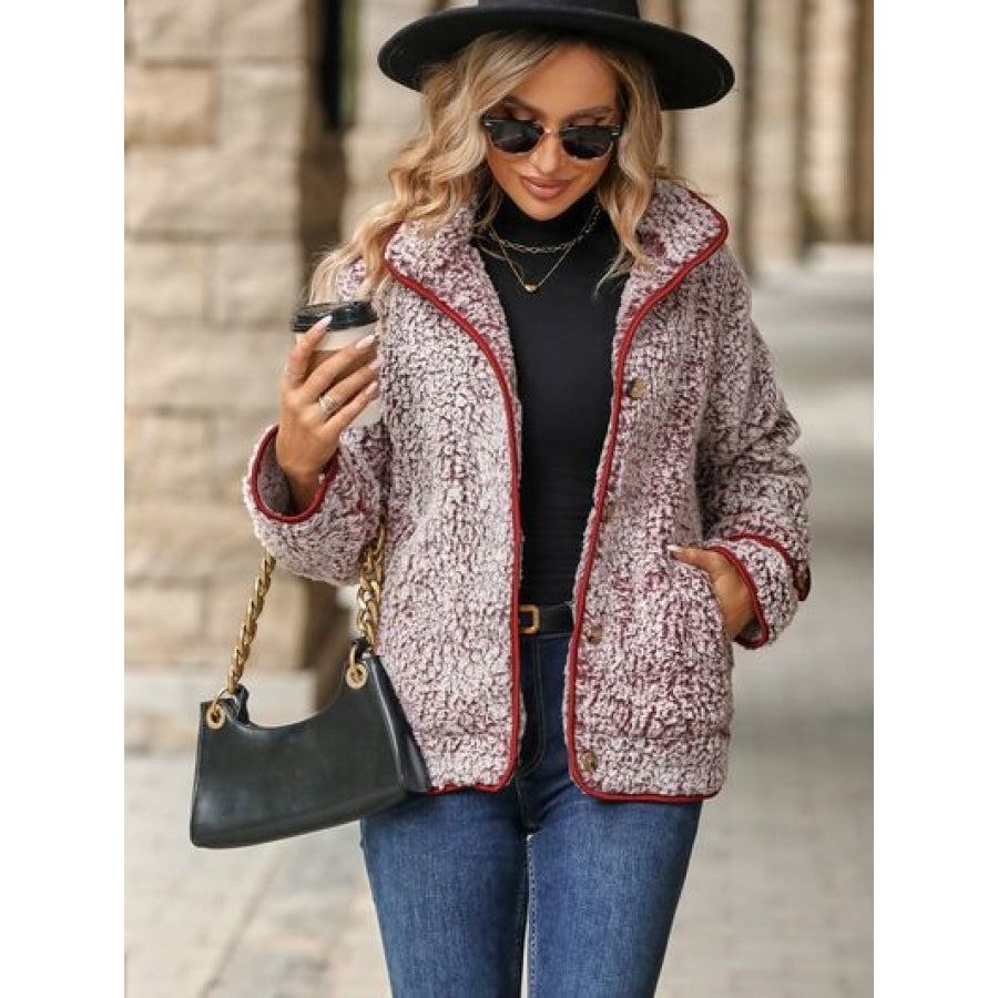 Fuzzy Pocketed Button Up Jacket Apparel and Accessories