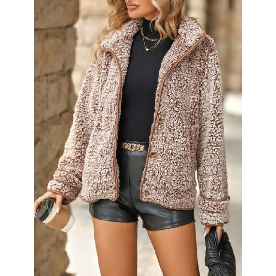 Fuzzy Pocketed Button Up Jacket Camel / S Apparel and Accessories