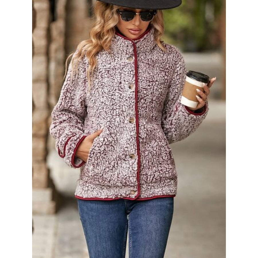 Fuzzy Pocketed Button Up Jacket Wine / S Apparel and Accessories