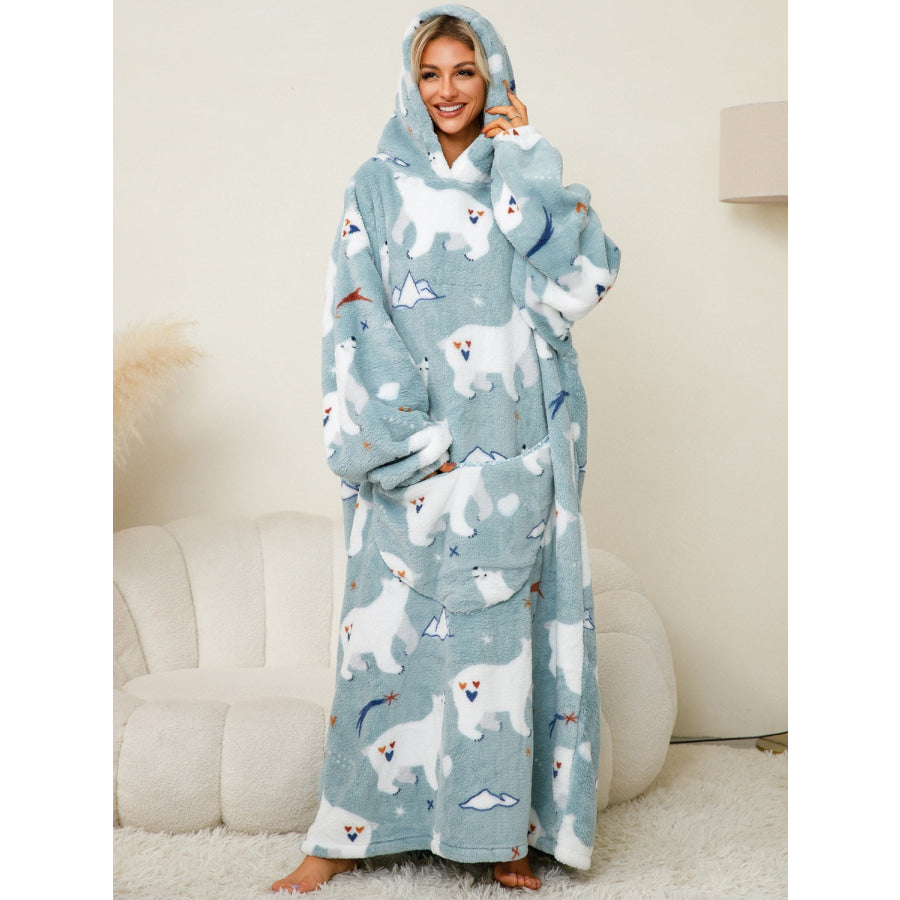 Fuzzy Pocketed Long Sleeve Hooded Lounge Dress Air Force Blue / One Size Apparel and Accessories