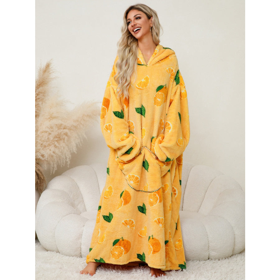 Fuzzy Pocketed Long Sleeve Hooded Lounge Dress Yellow / One Size Apparel and Accessories