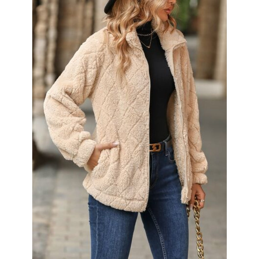 Fuzzy Pocketed Zip Up Jacket Apparel and Accessories