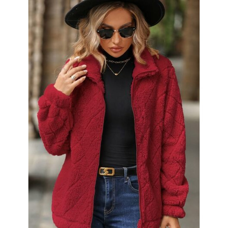 Fuzzy Pocketed Zip Up Jacket Deep Red / S Apparel and Accessories