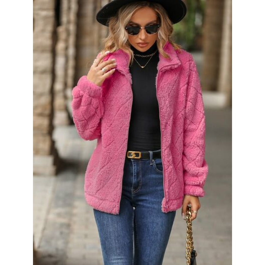 Fuzzy Pocketed Zip Up Jacket Fuchsia Pink / S Apparel and Accessories