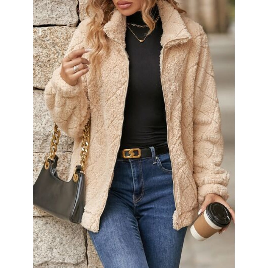 Fuzzy Pocketed Zip Up Jacket Sand / S Apparel and Accessories