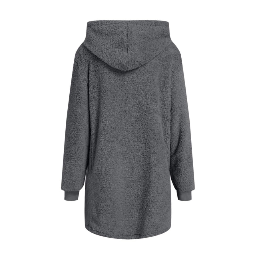 Fuzzy Pocketed Zip Up Long Sleeve Hooded Jacket Dark Gray / S Apparel and Accessories