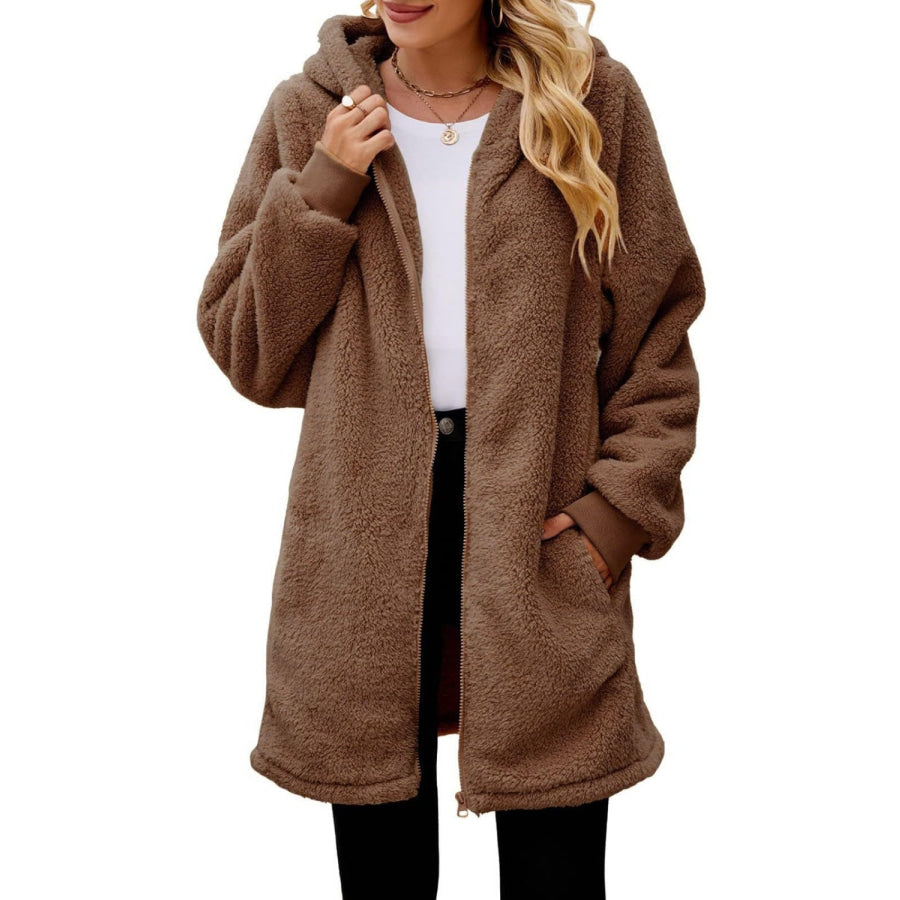 Fuzzy Pocketed Zip Up Long Sleeve Hooded Jacket Apparel and Accessories