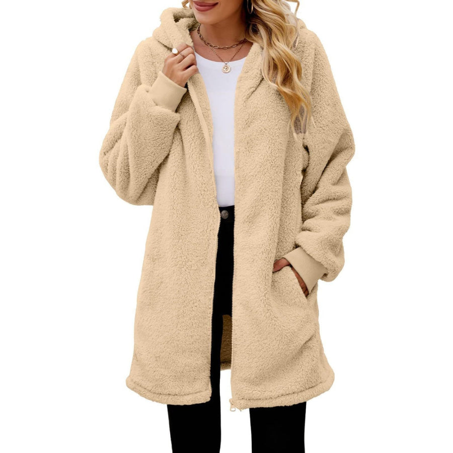 Fuzzy Pocketed Zip Up Long Sleeve Hooded Jacket Apparel and Accessories