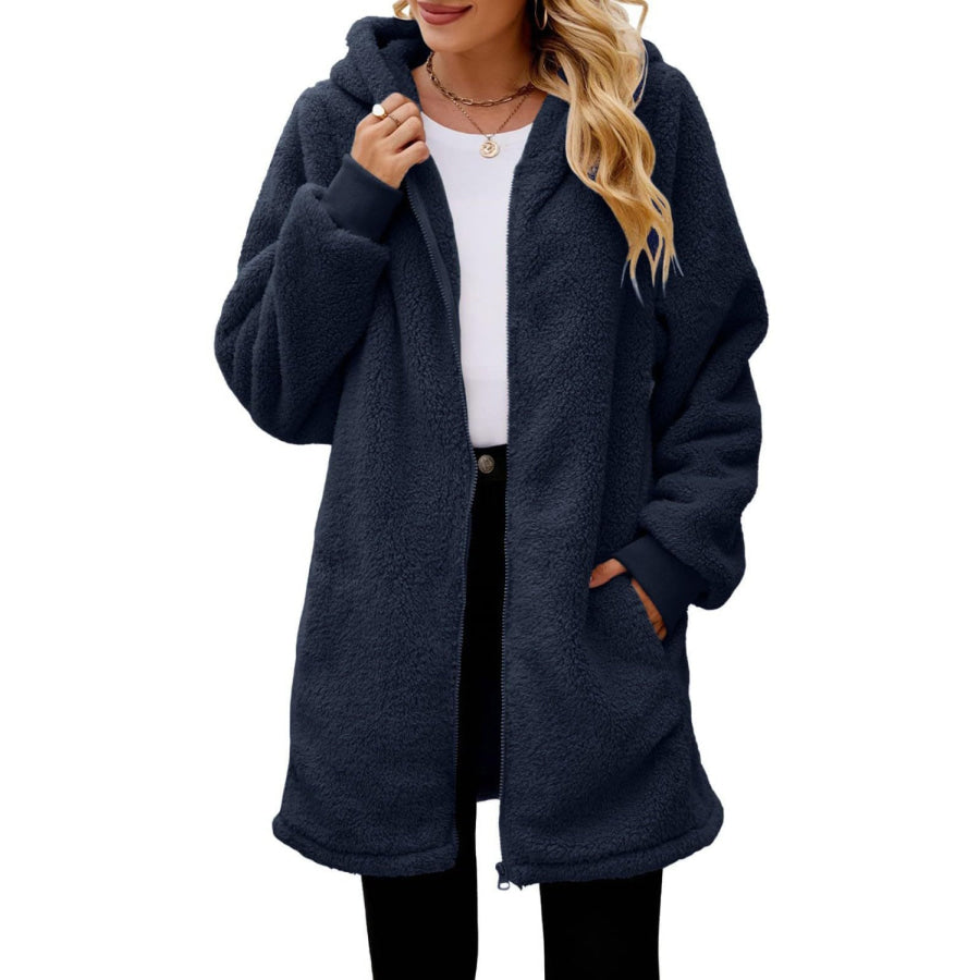 Fuzzy Pocketed Zip Up Long Sleeve Hooded Jacket Apparel and Accessories