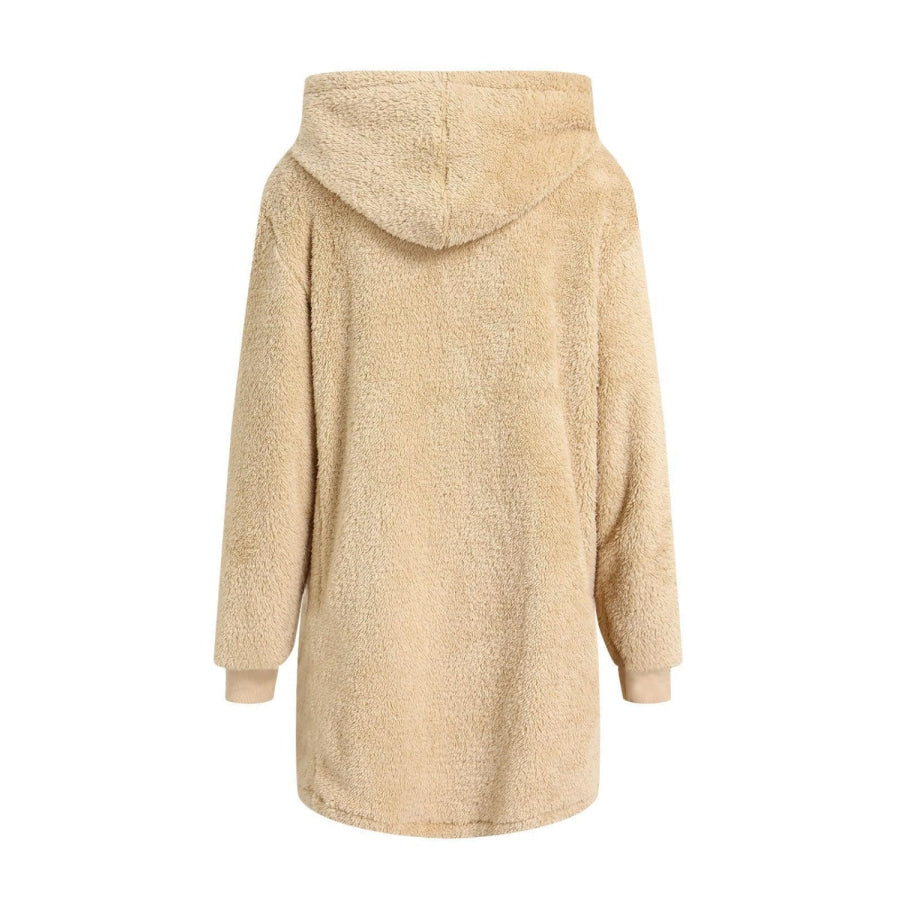 Fuzzy Pocketed Zip Up Long Sleeve Hooded Jacket Apparel and Accessories