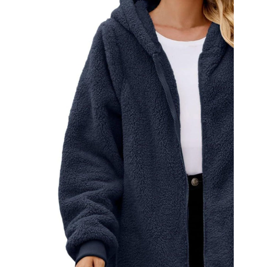 Fuzzy Pocketed Zip Up Long Sleeve Hooded Jacket Apparel and Accessories