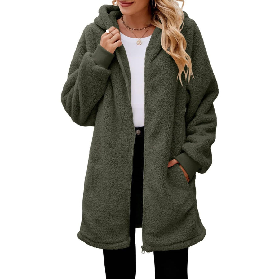 Fuzzy Pocketed Zip Up Long Sleeve Hooded Jacket Apparel and Accessories