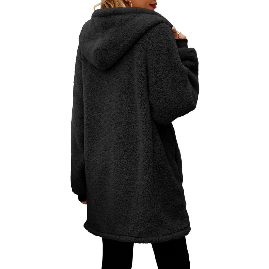 Fuzzy Pocketed Zip Up Long Sleeve Hooded Jacket Apparel and Accessories