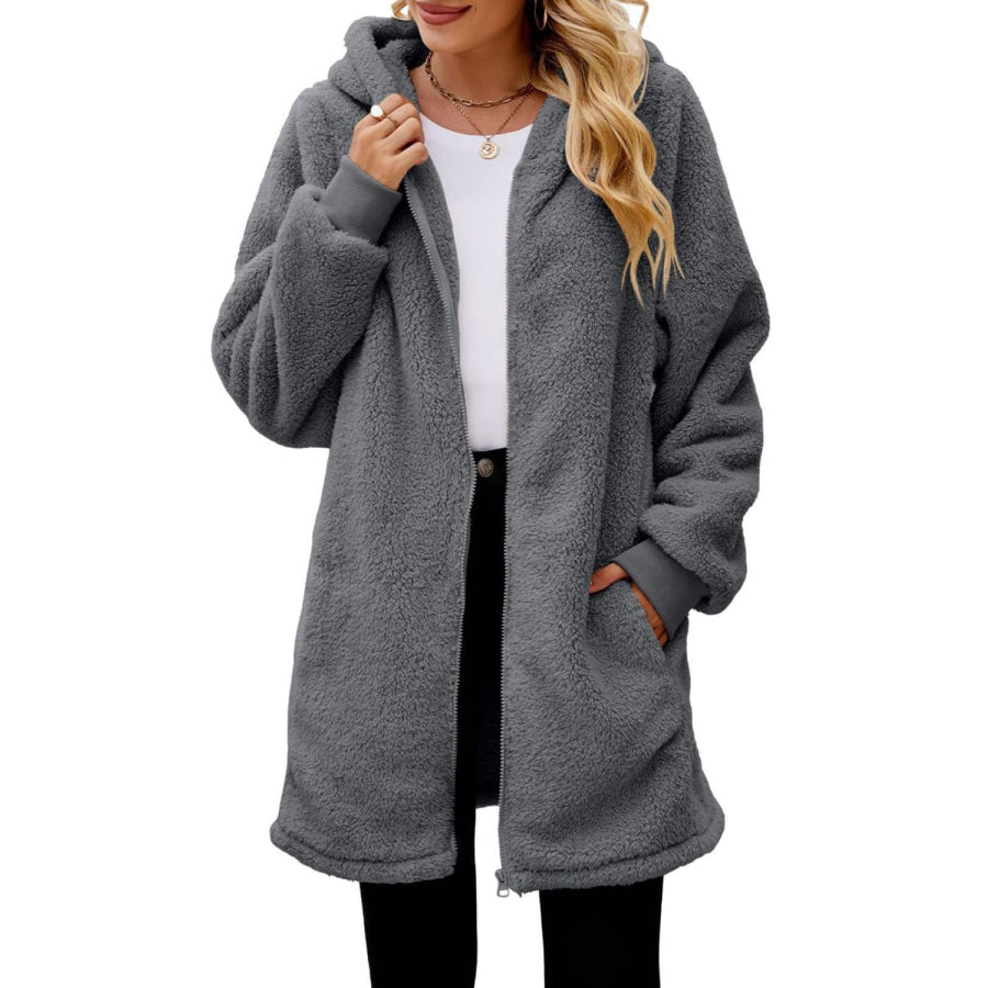 Fuzzy Pocketed Zip Up Long Sleeve Hooded Jacket Apparel and Accessories