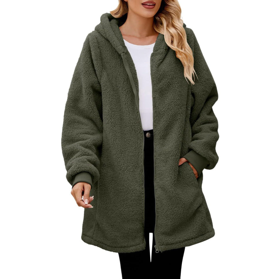 Fuzzy Pocketed Zip Up Long Sleeve Hooded Jacket Army Green / S Apparel and Accessories