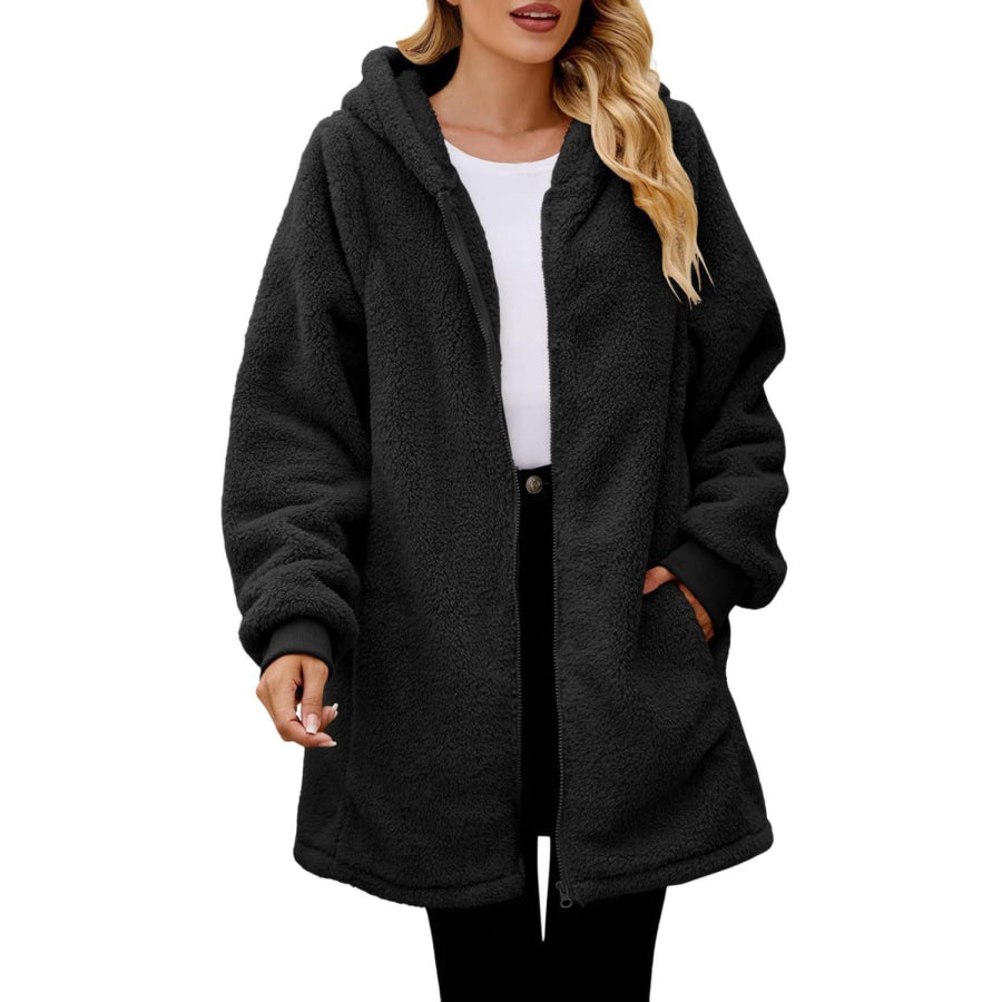 Fuzzy Pocketed Zip Up Long Sleeve Hooded Jacket Black / S Apparel and Accessories