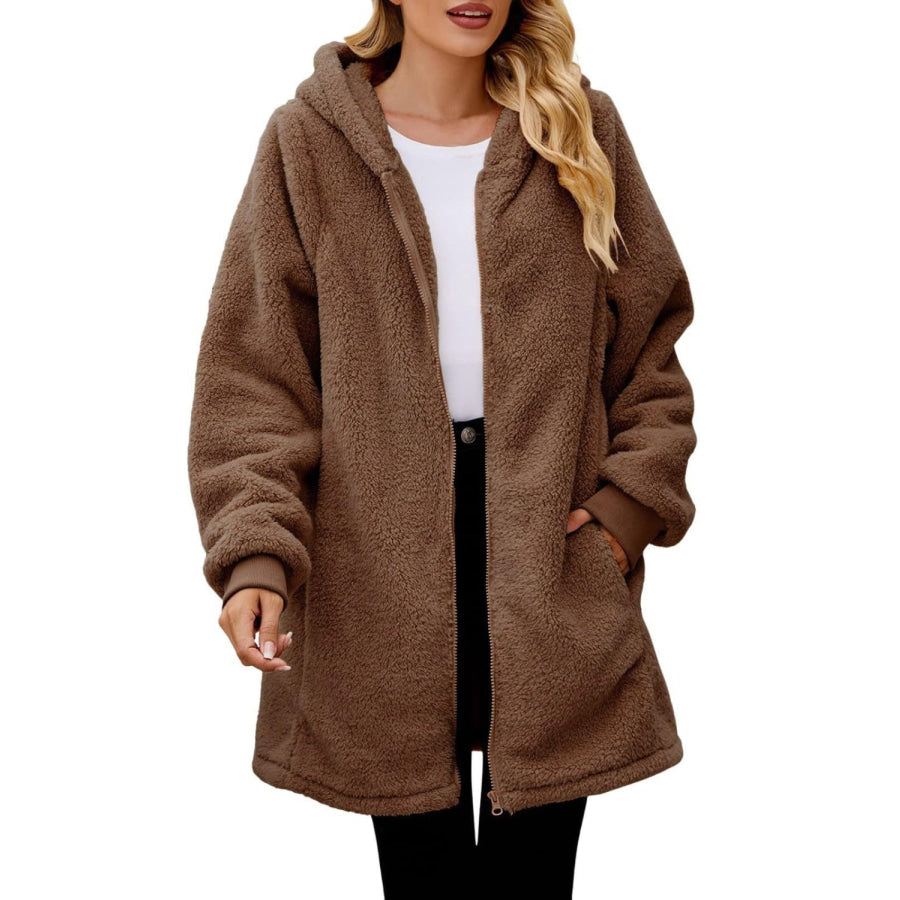 Fuzzy Pocketed Zip Up Long Sleeve Hooded Jacket Brown / S Apparel and Accessories