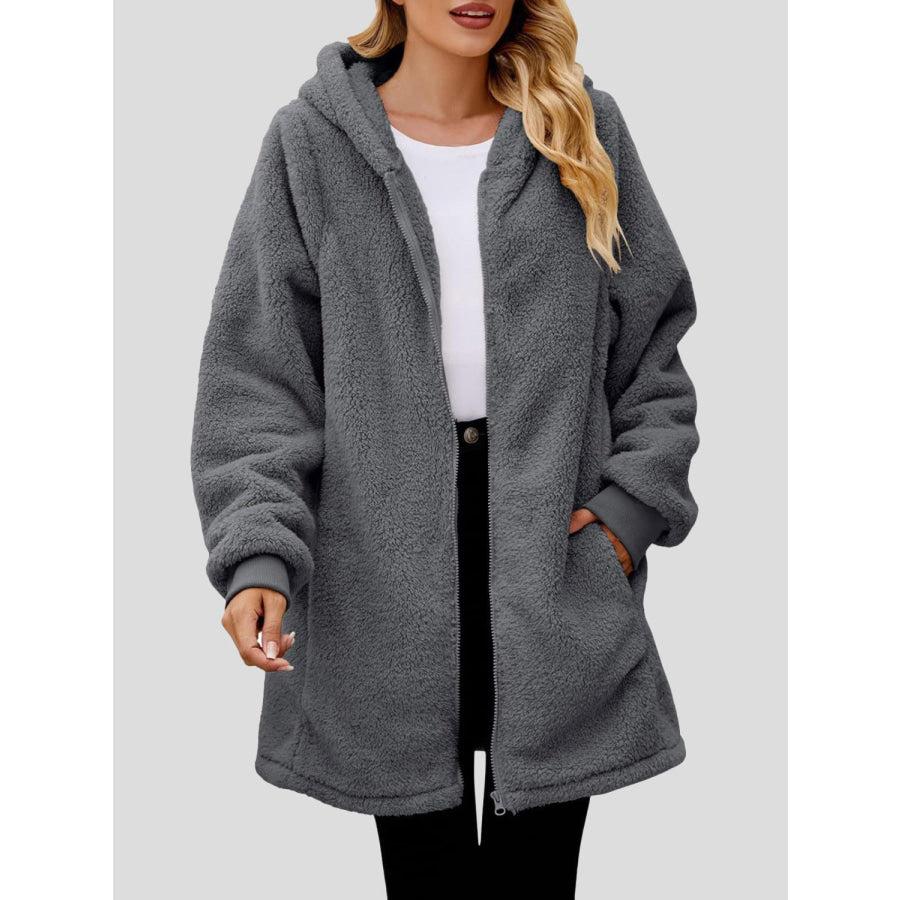 Fuzzy Pocketed Zip Up Long Sleeve Hooded Jacket Dark Gray / S Apparel and Accessories