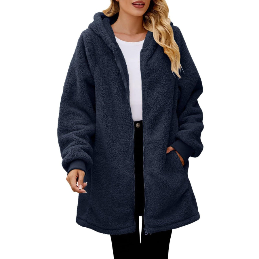 Fuzzy Pocketed Zip Up Long Sleeve Hooded Jacket Navy / S Apparel and Accessories