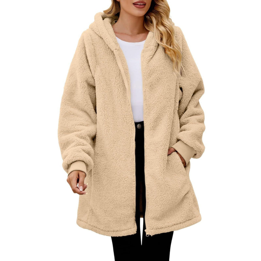 Fuzzy Pocketed Zip Up Long Sleeve Hooded Jacket Tan / S Apparel and Accessories