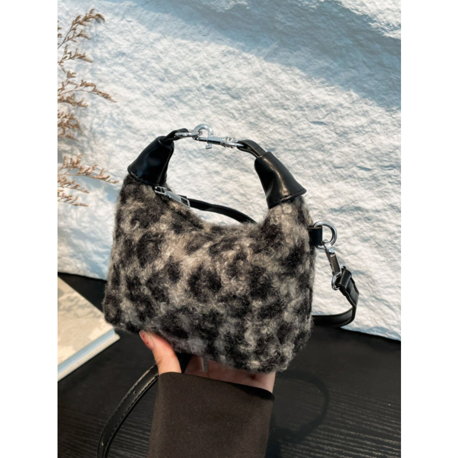 Fuzzy Polyester Mini Handbag with Zipper Black / One Size Apparel and Accessories