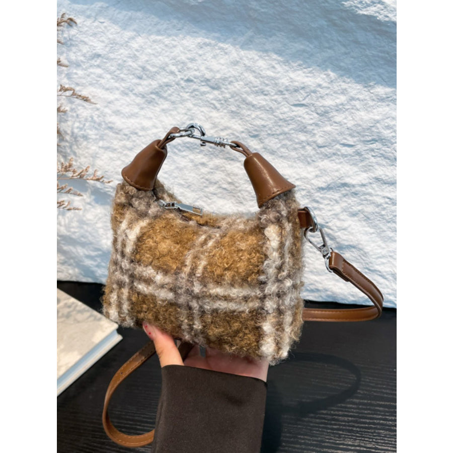 Fuzzy Polyester Mini Handbag with Zipper Camel / One Size Apparel and Accessories