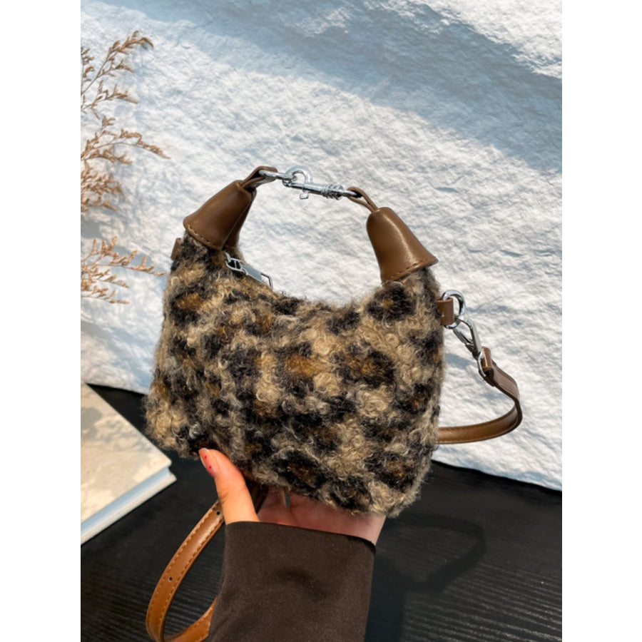 Fuzzy Polyester Mini Handbag with Zipper Coffee Brown / One Size Apparel and Accessories