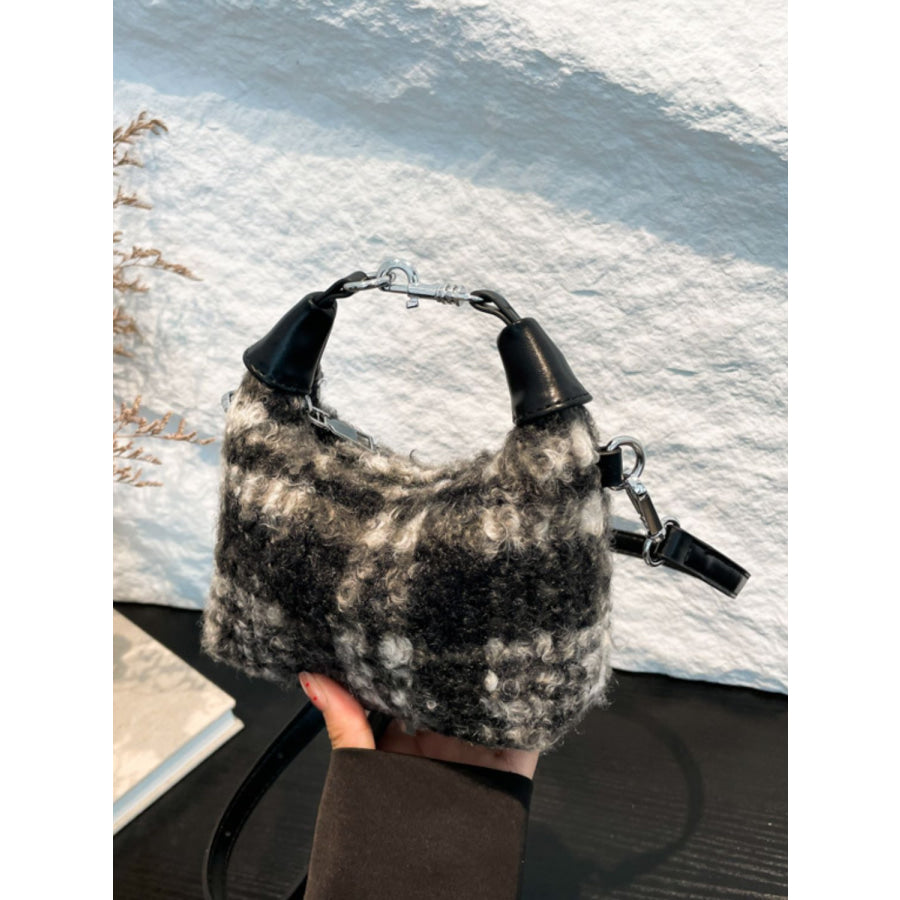 Fuzzy Polyester Mini Handbag with Zipper Gray / One Size Apparel and Accessories