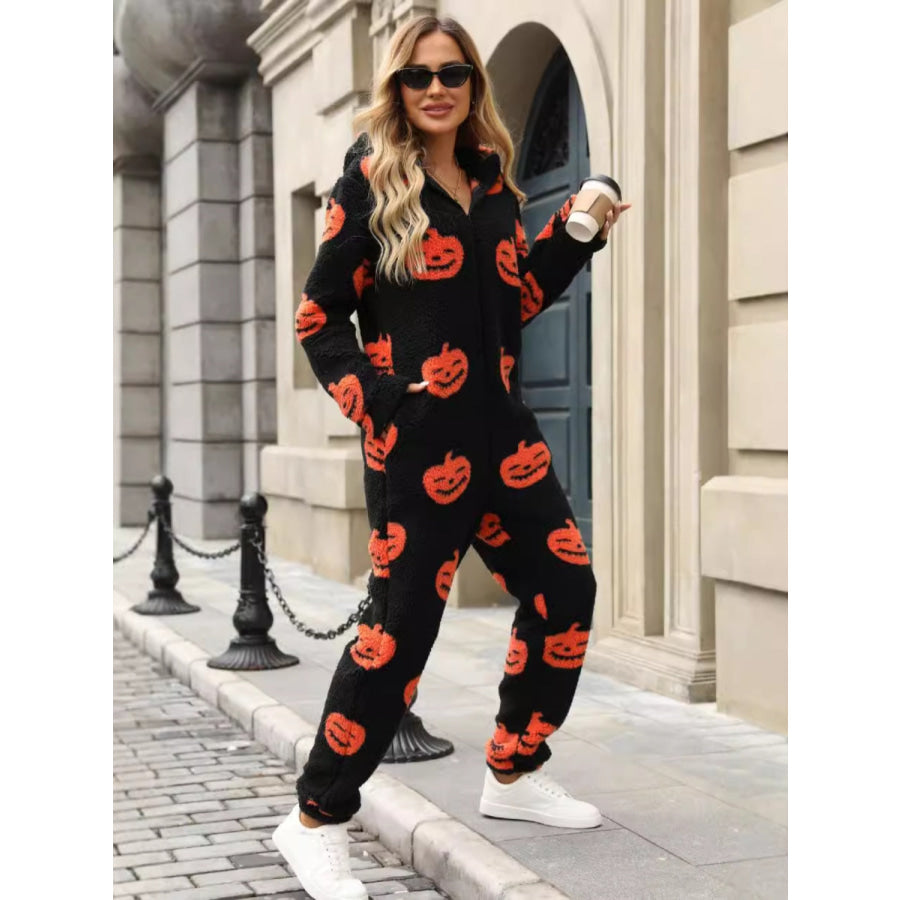 Fuzzy Pumpkin Half Zip Hooded Jumpsuit Apparel and Accessories